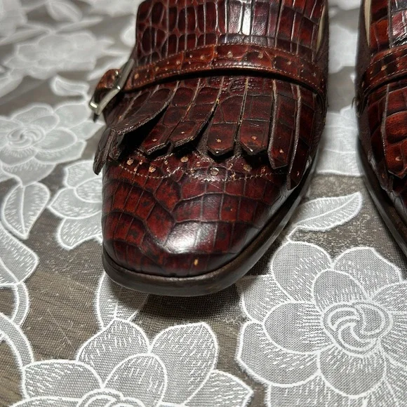 Joan & David Brown Loafer Heel Suede Embossed Buckle Fringe Vintage Italy 10 - Picture 6 of 16